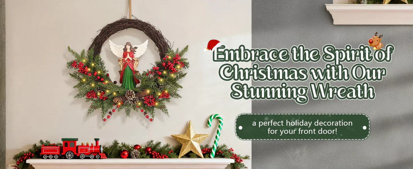 24" Pre-Lit Christmas Angel Wreath – 30-LED Battery-Operated Holiday Door Decor with Berries