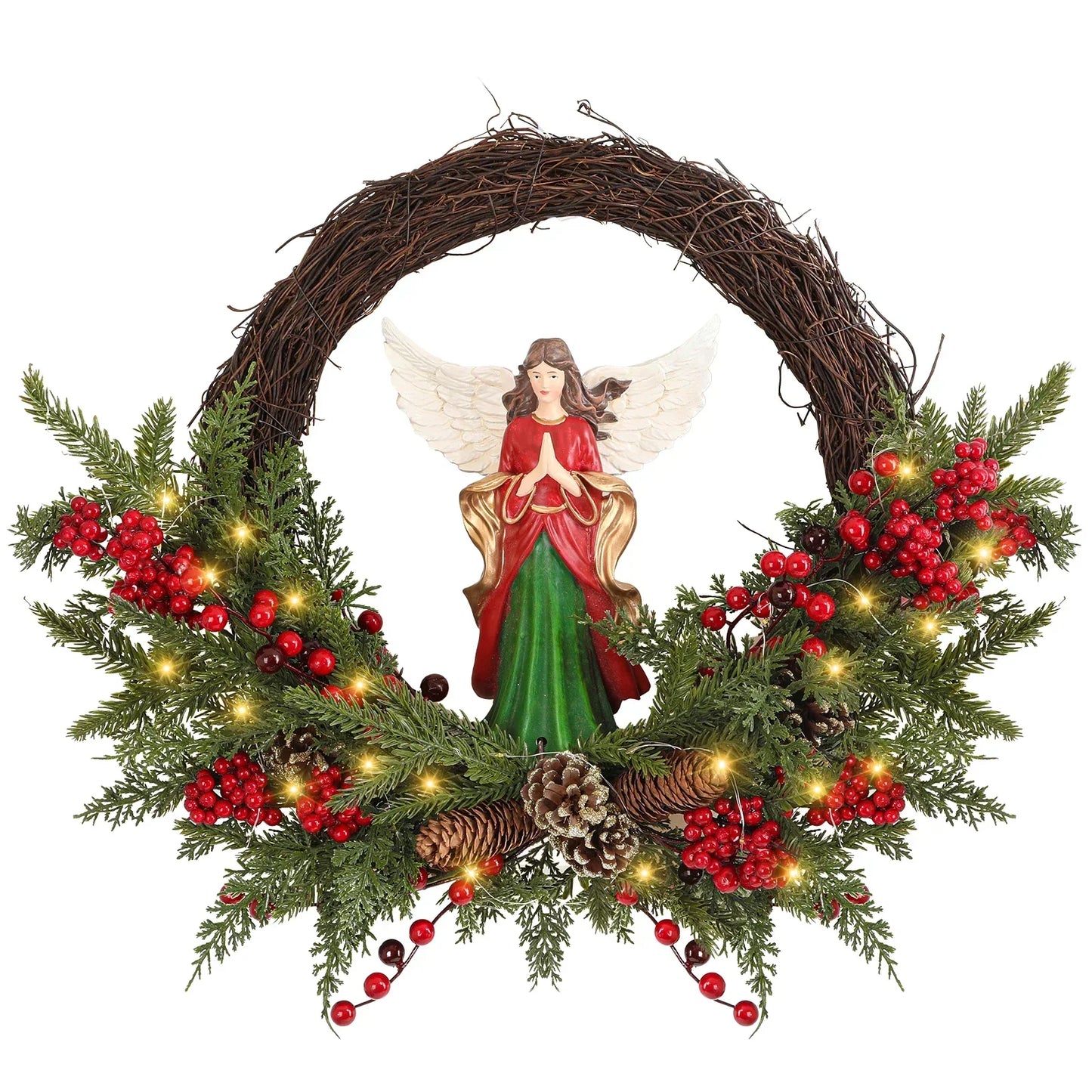 24" Pre-Lit Christmas Angel Wreath – 30-LED Battery-Operated Holiday Door Decor with Berries