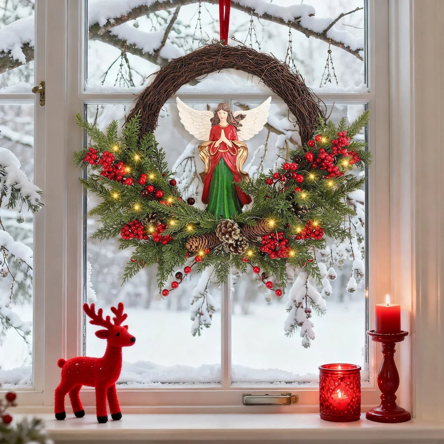 24" Pre-Lit Christmas Angel Wreath – 30-LED Battery-Operated Holiday Door Decor with Berries