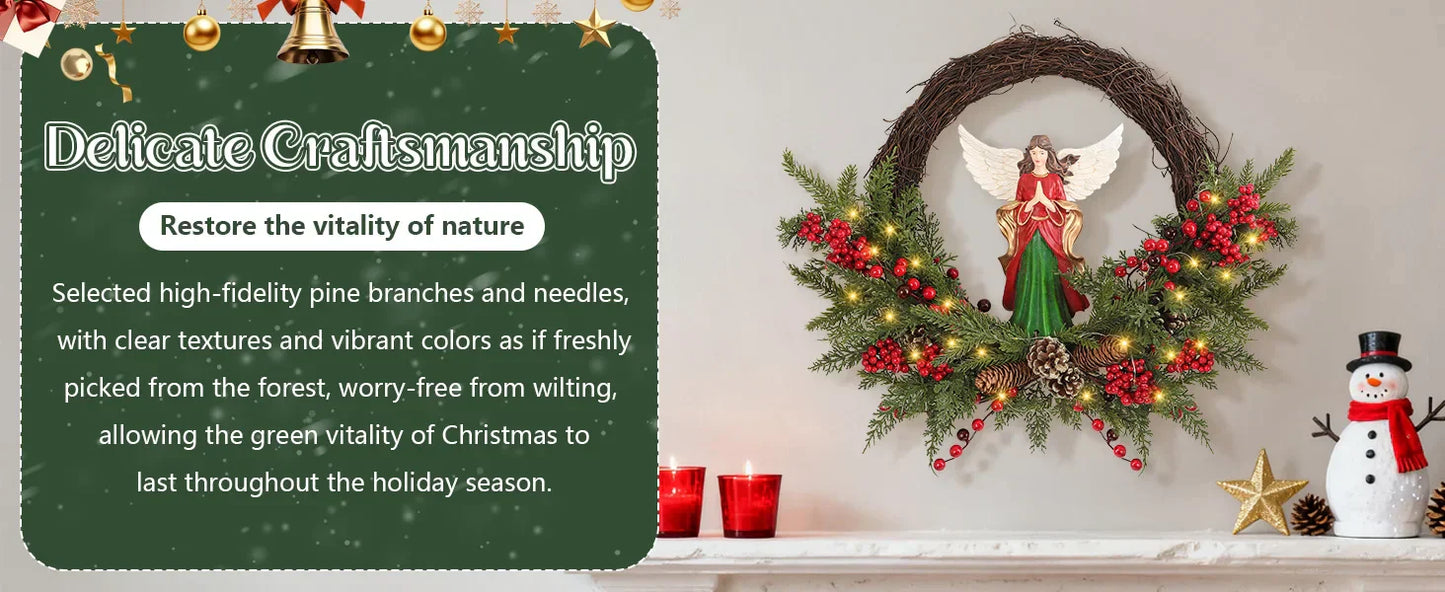 24" Pre-Lit Christmas Angel Wreath – 30-LED Battery-Operated Holiday Door Decor with Berries