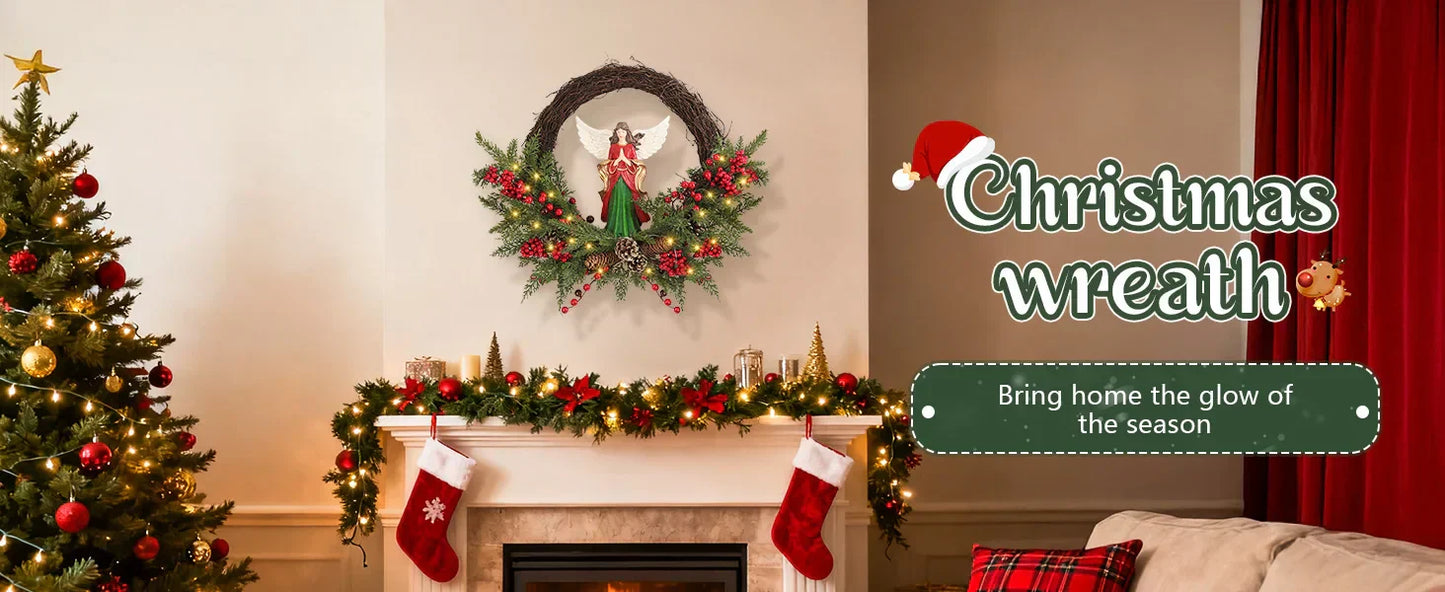 24" Pre-Lit Christmas Angel Wreath – 30-LED Battery-Operated Holiday Door Decor with Berries