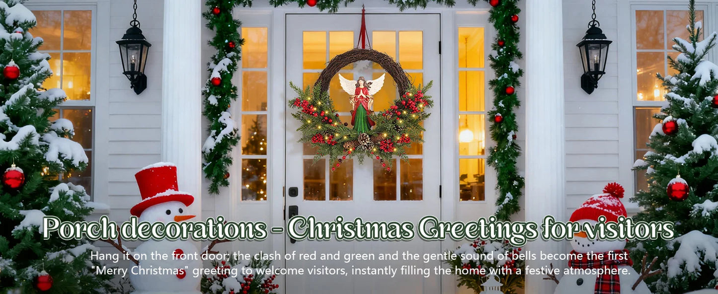 24" Pre-Lit Christmas Angel Wreath – 30-LED Battery-Operated Holiday Door Decor with Berries